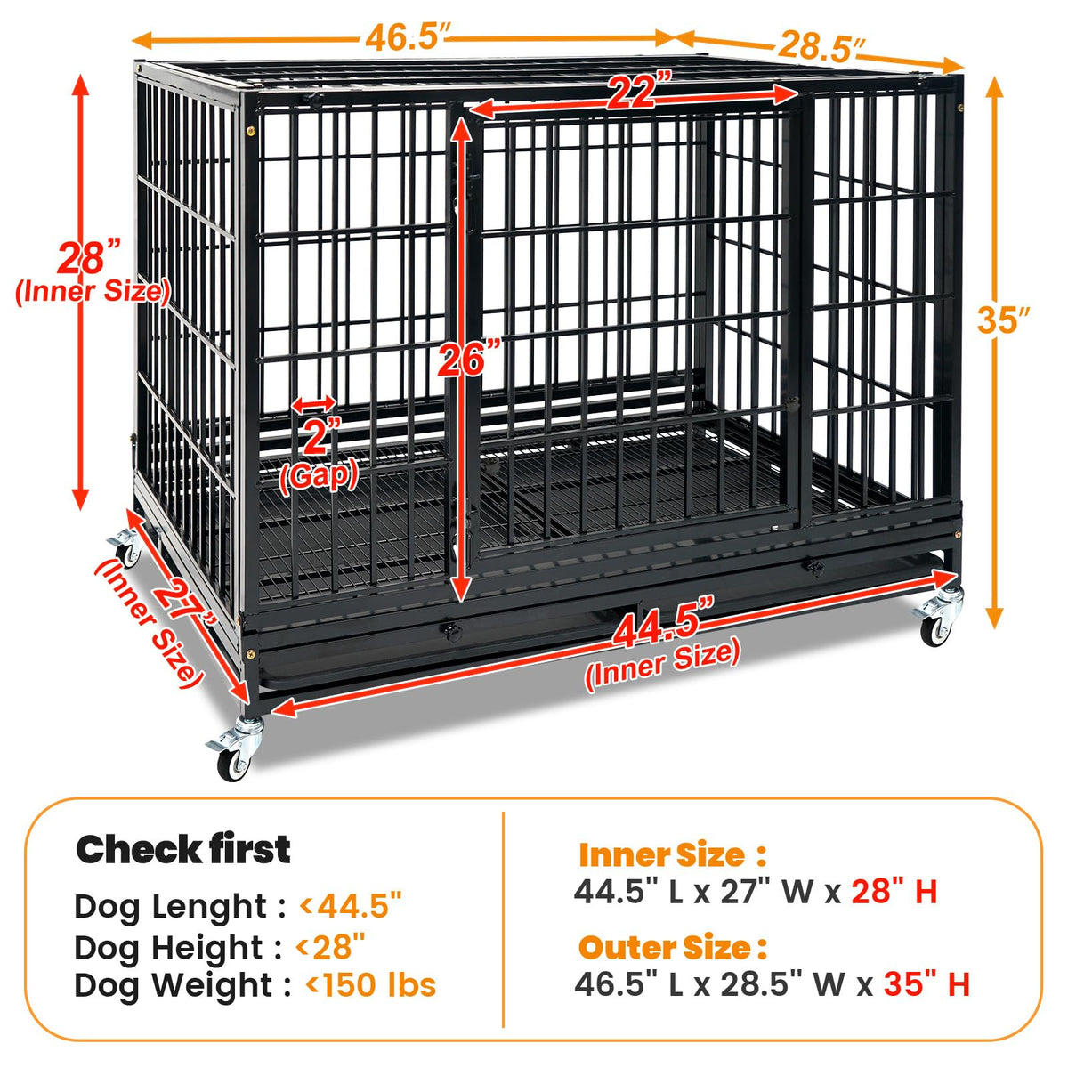Homey Pet Animal Cage in 46.5"L x 28.5"W x 35.0"H, Black