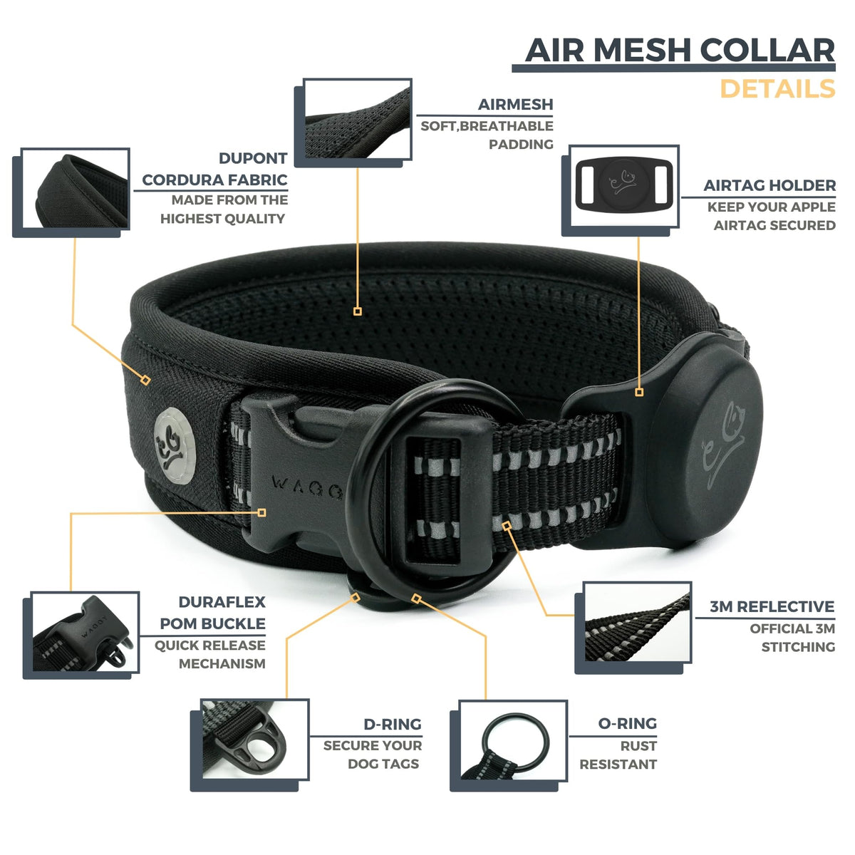 WaggyLife Animal Collar in XS (11.8"-13.8"), Black