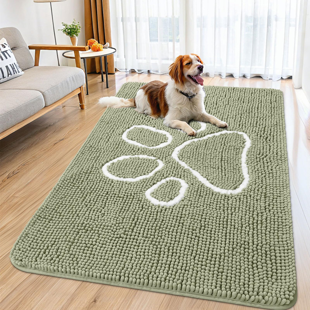 Smiry Rug in 59"X35", Sage Green and White