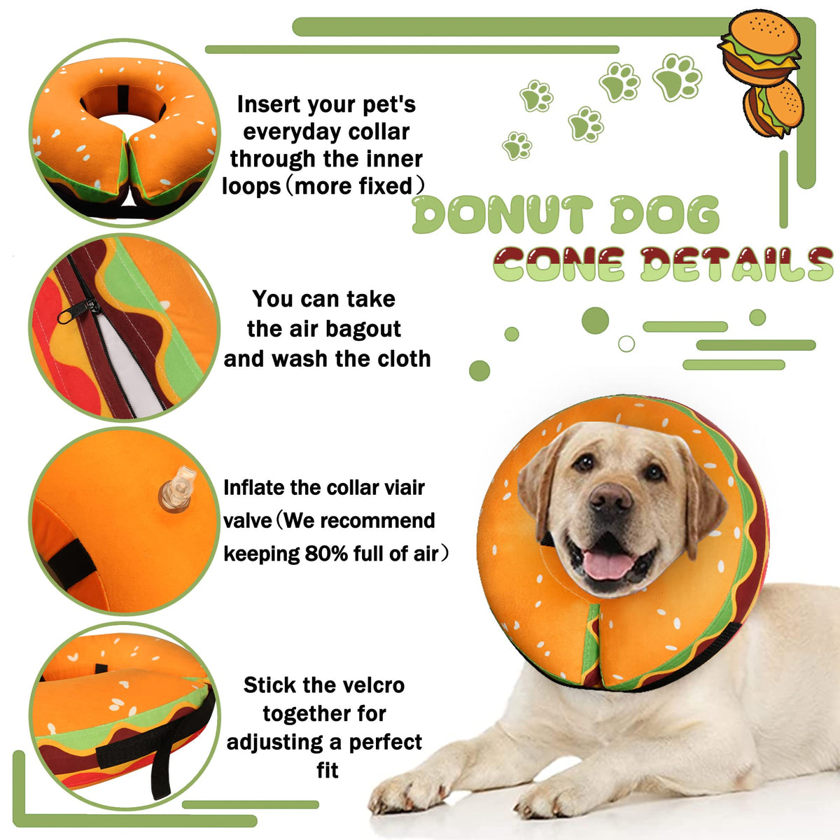 Cneo Animal Recovery Collar Cone in M（neck 8"-11"）, Hamburger