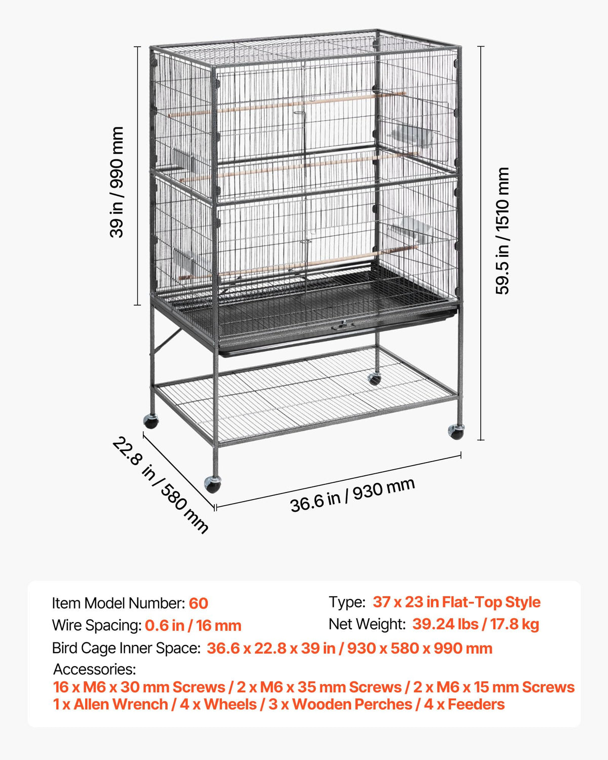 VEVOR Animal Cage in 36.6"L x 22.8"W x 59.5"H, Black