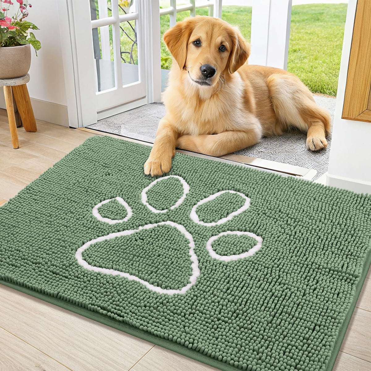 Smiry Rug in 36"X24", Olive Green and White