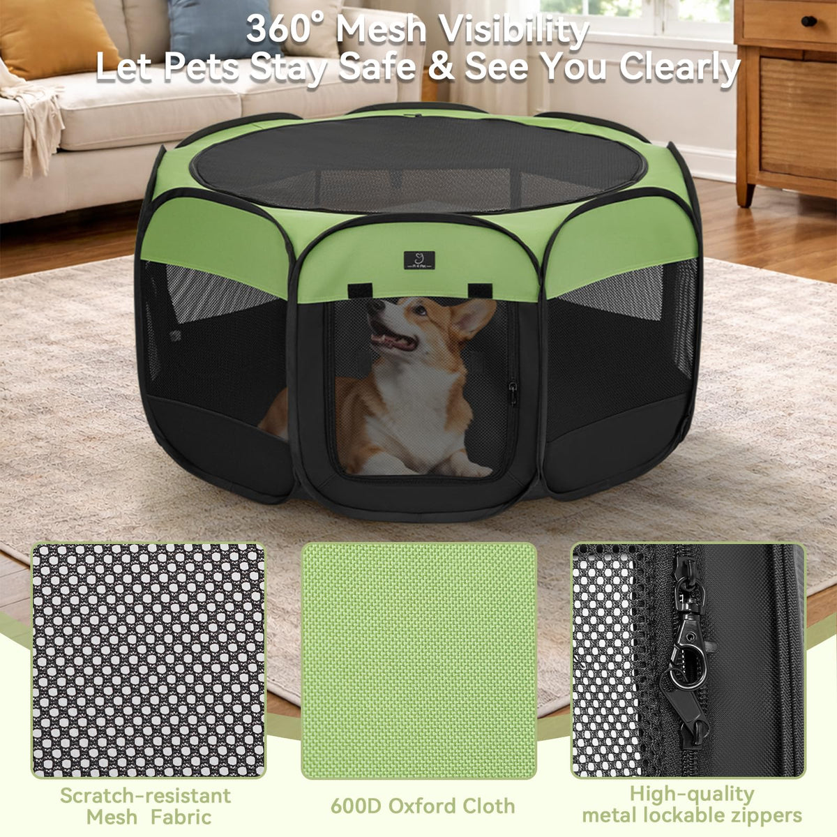 A 4 Pet Pet Playpen in S(29.92"x29.92"x16.5"), Green+Black