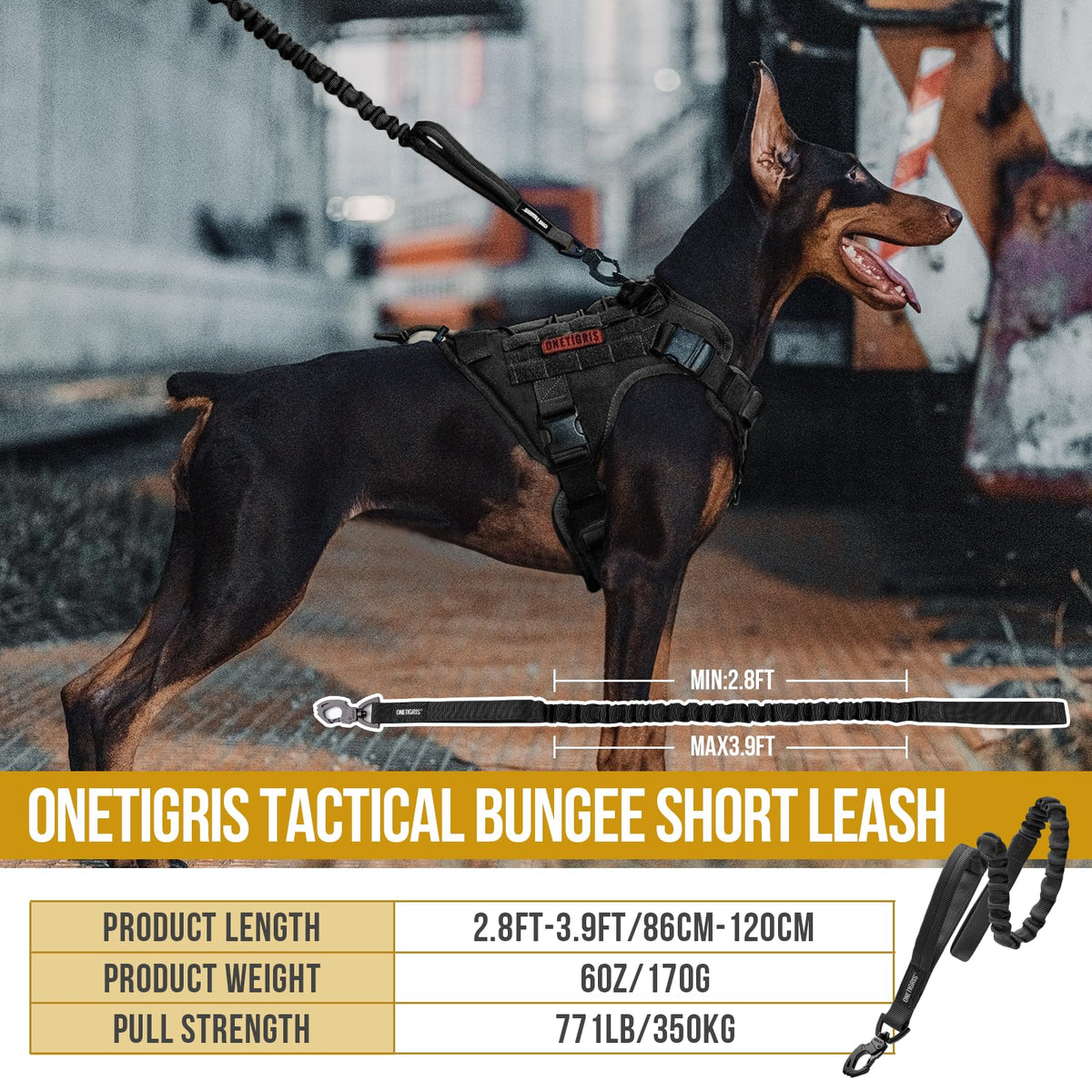 ONETIGRIS Leash in 85cm-118cm/33.5in-46.5in, Black