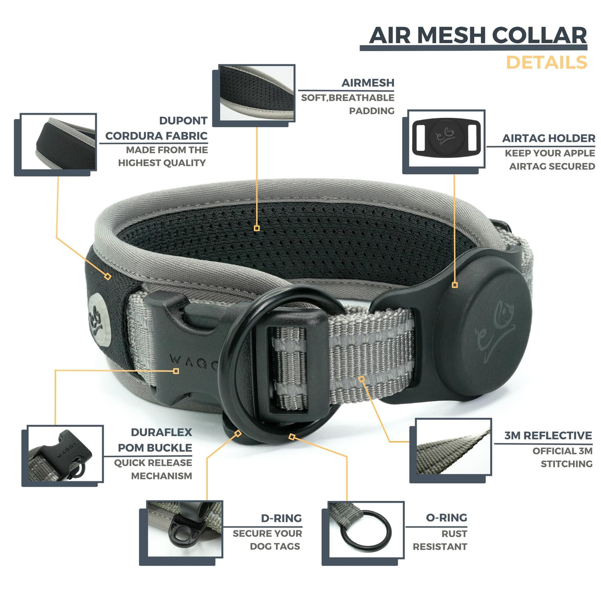 WaggyLife Animal Collar in XS (11.8"-13.8"), Grey