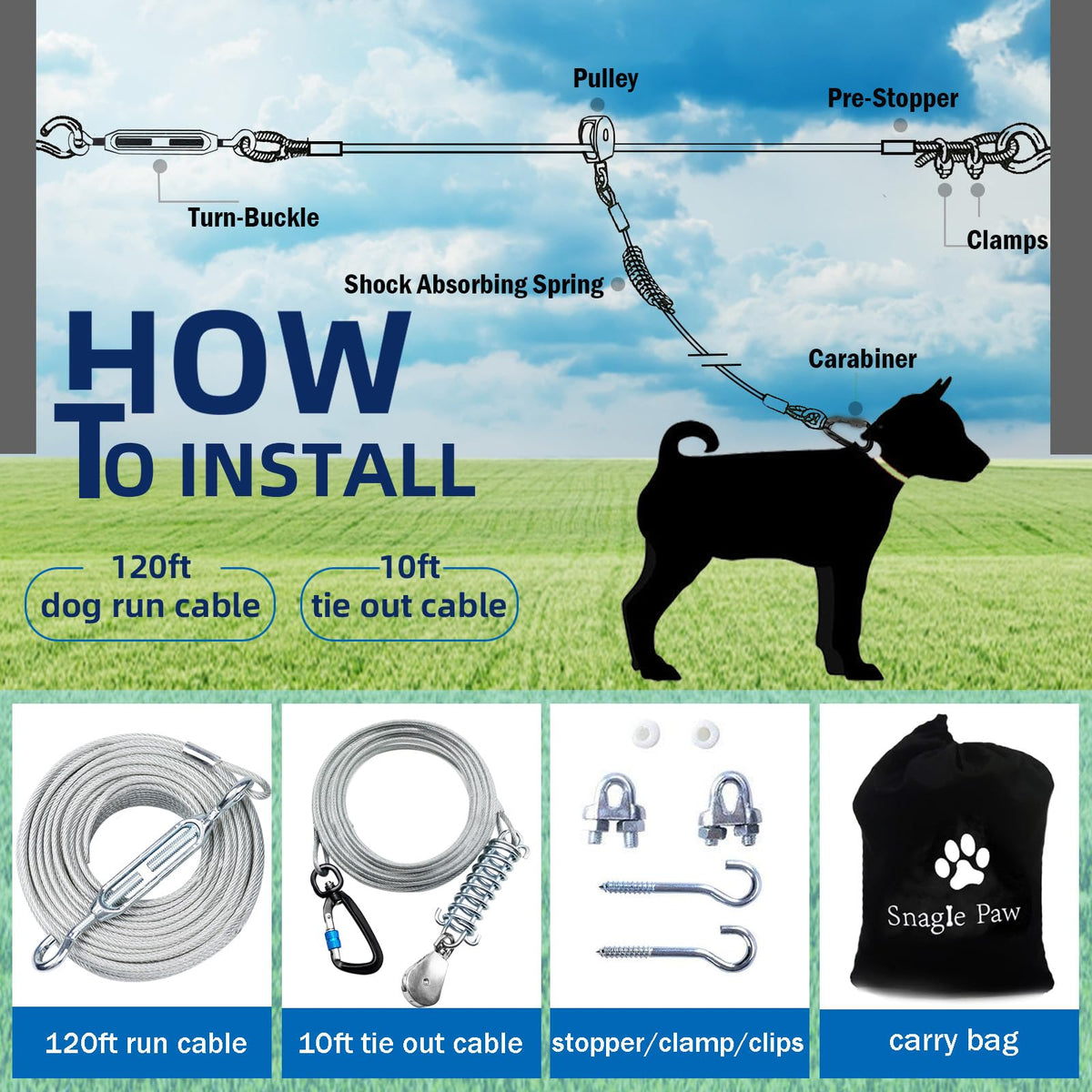Snagle Paw Leash in 120ft run cable+10ft tie out cable, Silver for 250lbs dogs