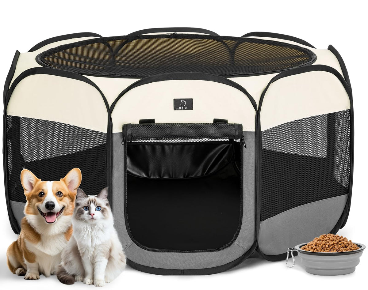 A 4 Pet Pet Playpen in S(29.92"x29.92"x16.5"), Grey+Beige