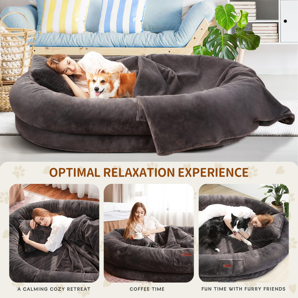 Fvkind Pet Bed Mat in 70"L×33"W×12"Th, Dark Grey
