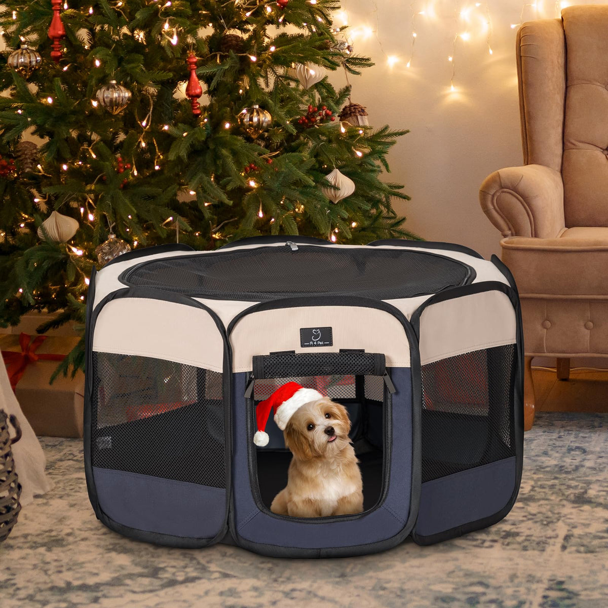 A 4 Pet Pet Playpen in S(29.92"x29.92"x16.5"), Blue+Beige