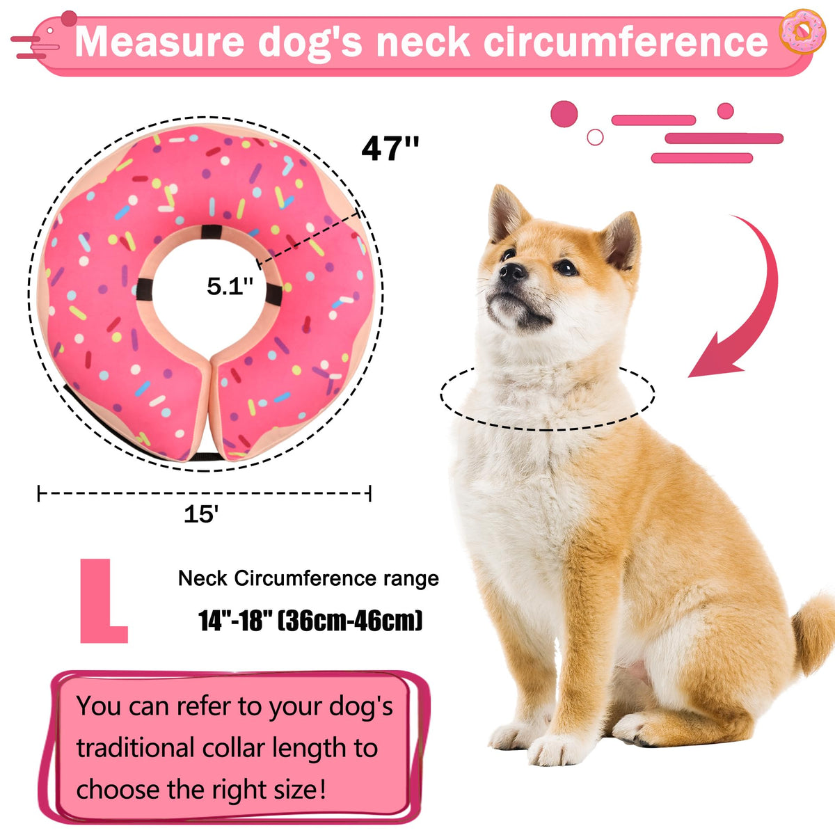 Cneo Animal Recovery Collar Cone in L（neck 14"-18"）, Pink