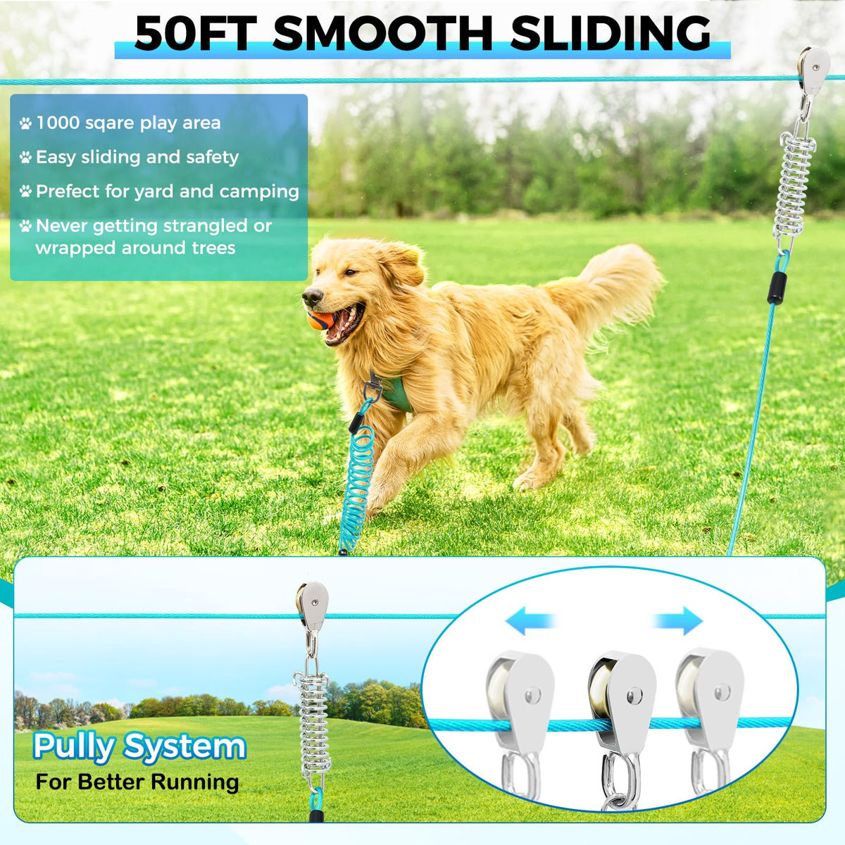 Duckygoo Leash in 50FT+10FT,250LBS, Teal