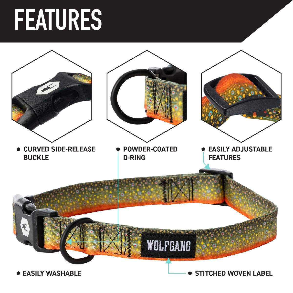 Wolfgang Man & Beast Animal Collar in Small (5/8 Inch x 8-12 Inch), BrookTrout Print