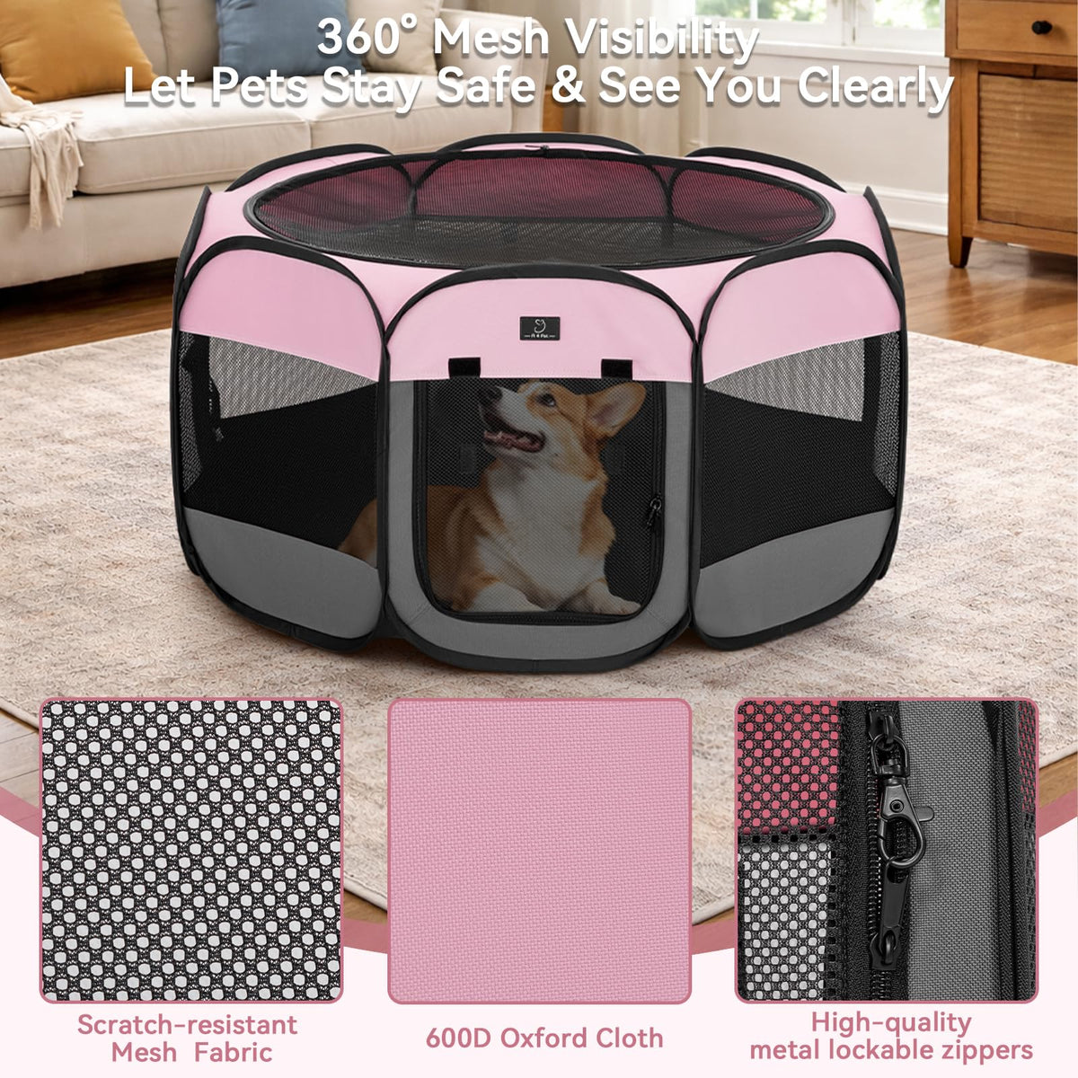 A 4 Pet Pet Playpen in S(29.92"x29.92"x16.5"), Pink+Grey