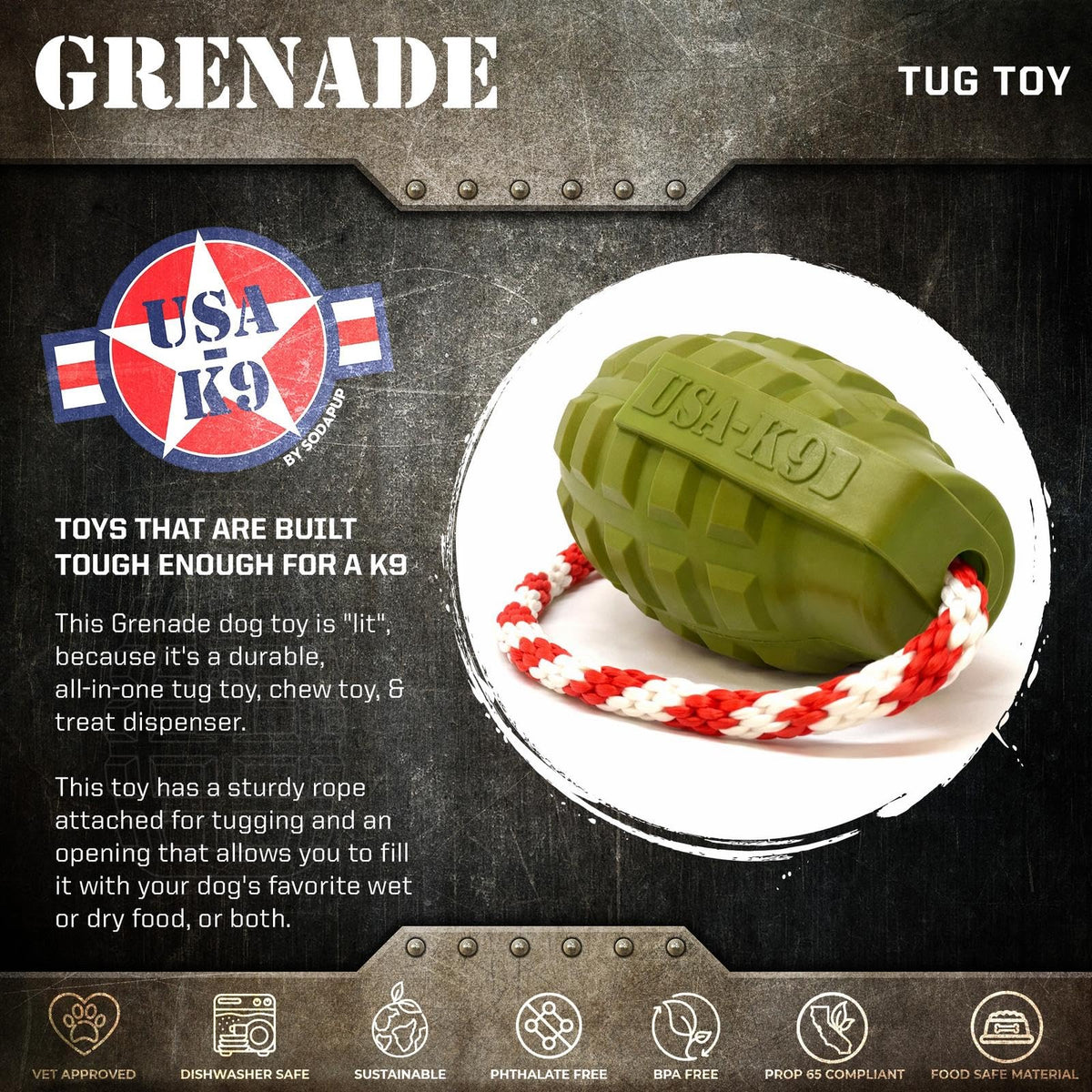 SodaPup Pet Toy in Large, Green Grenade