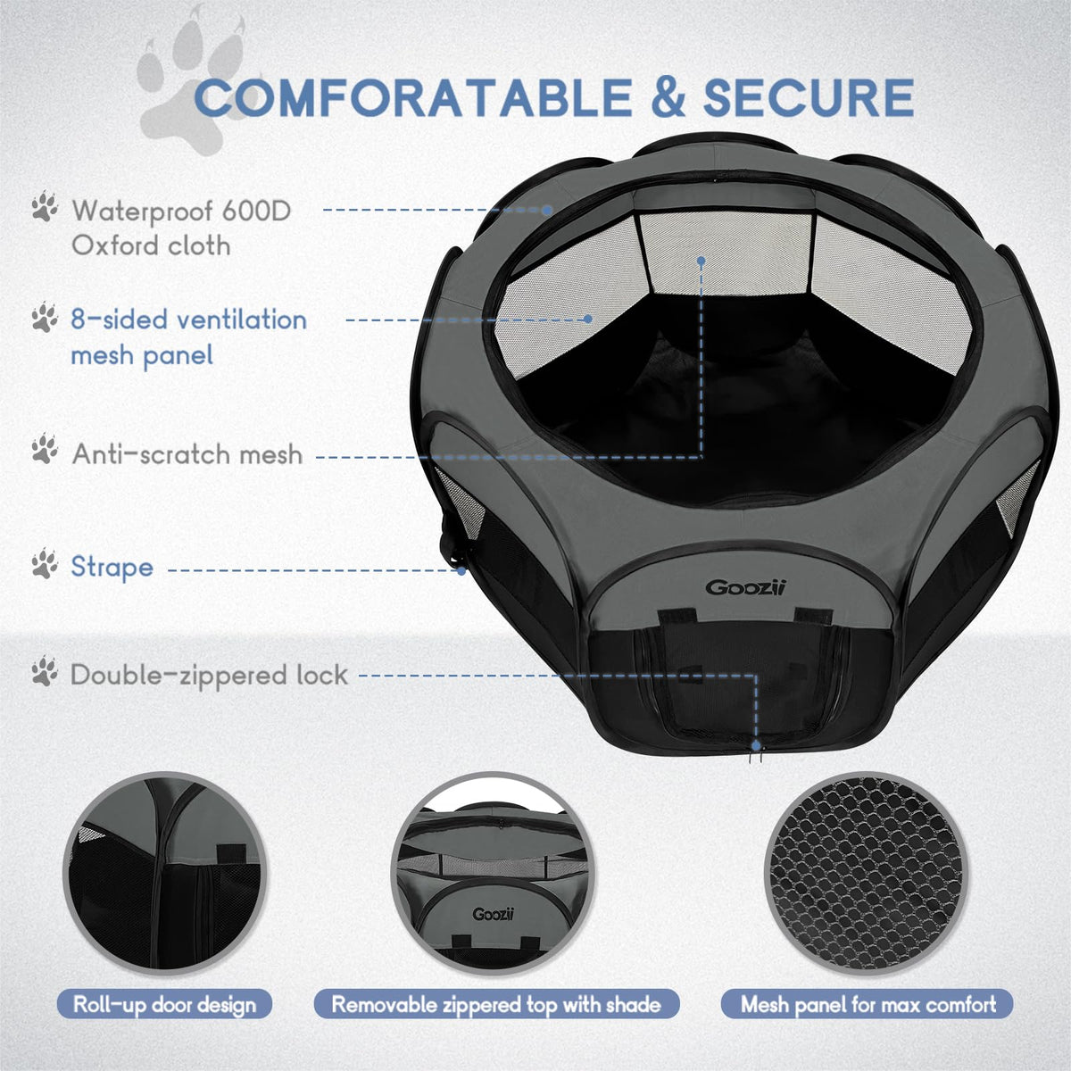 Goozii Pet Playpen in S [29" x 29" x 17"], Grey-Black