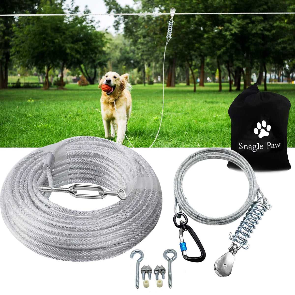 Snagle Paw Leash in 50ft run cable+10ft tie out cable, Silver for 250lbs dogs