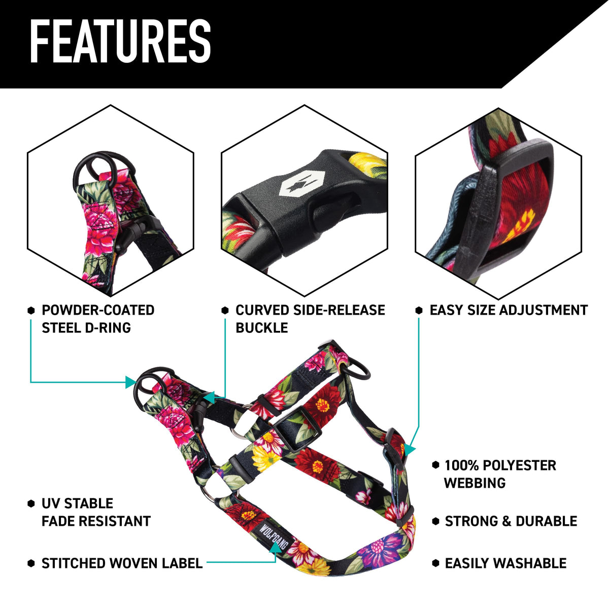 Wolfgang Man & Beast Animal Harness in Small (5/8 Inch x 12-18 Inch), DarkFloral Print