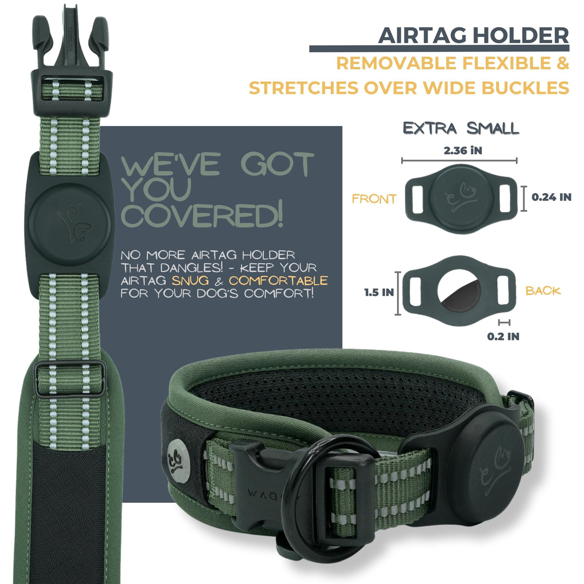 WaggyLife Animal Collar in XS (11.8"-13.8"), Green