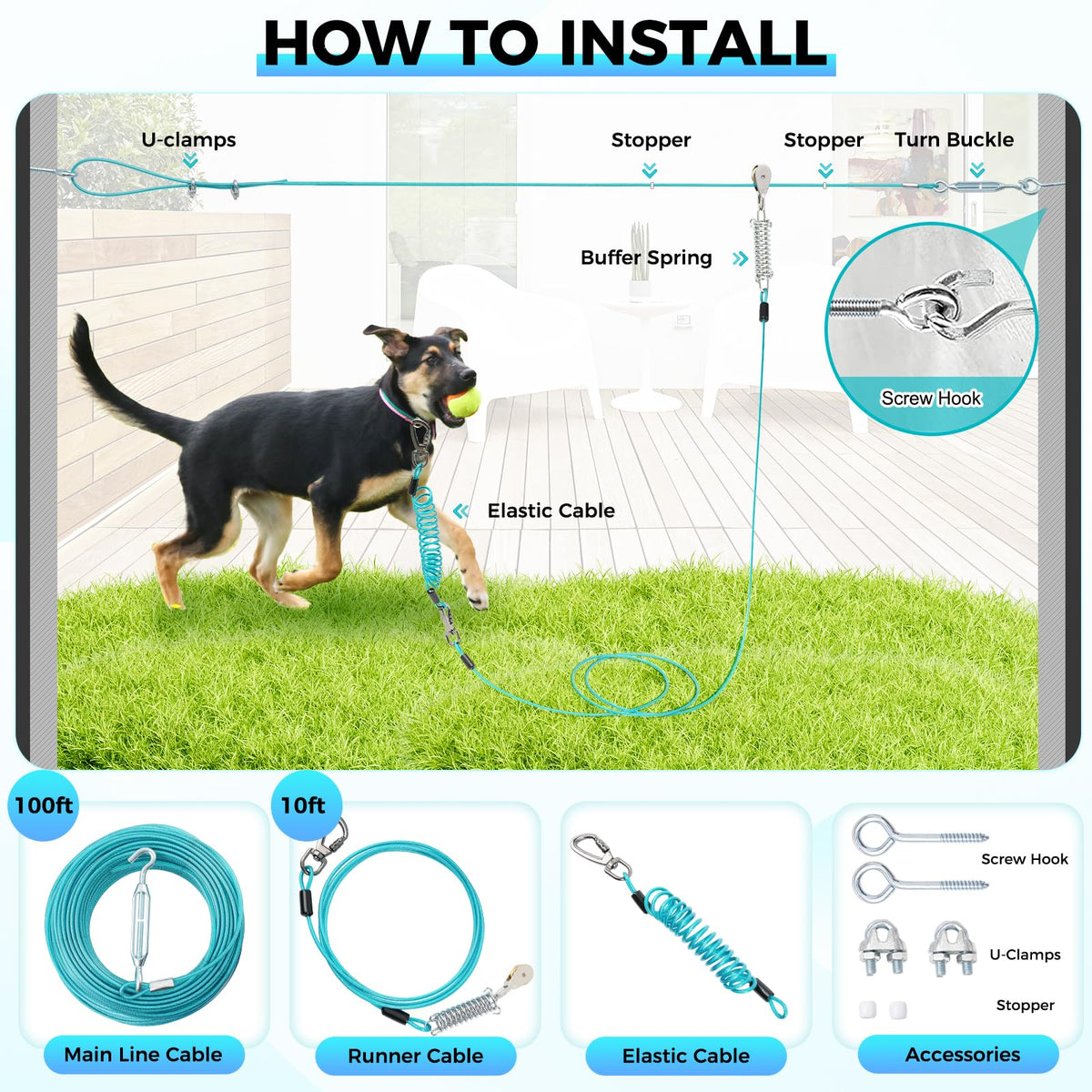 Duckygoo Leash in 100FT+10FT,250LBS, Teal