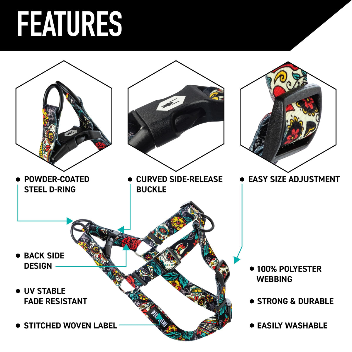 Wolfgang Man & Beast Animal Harness in Small (5/8 Inch x 12-18 Inch), LosMuertos Print