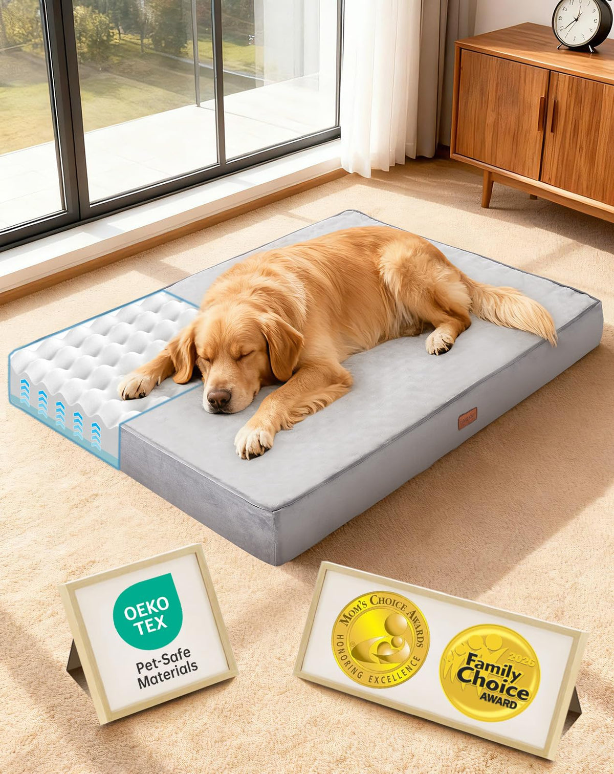 OhGeni Pet Bed Mat in 44" x 32" x 4" (For Sprawling), 01-Gray