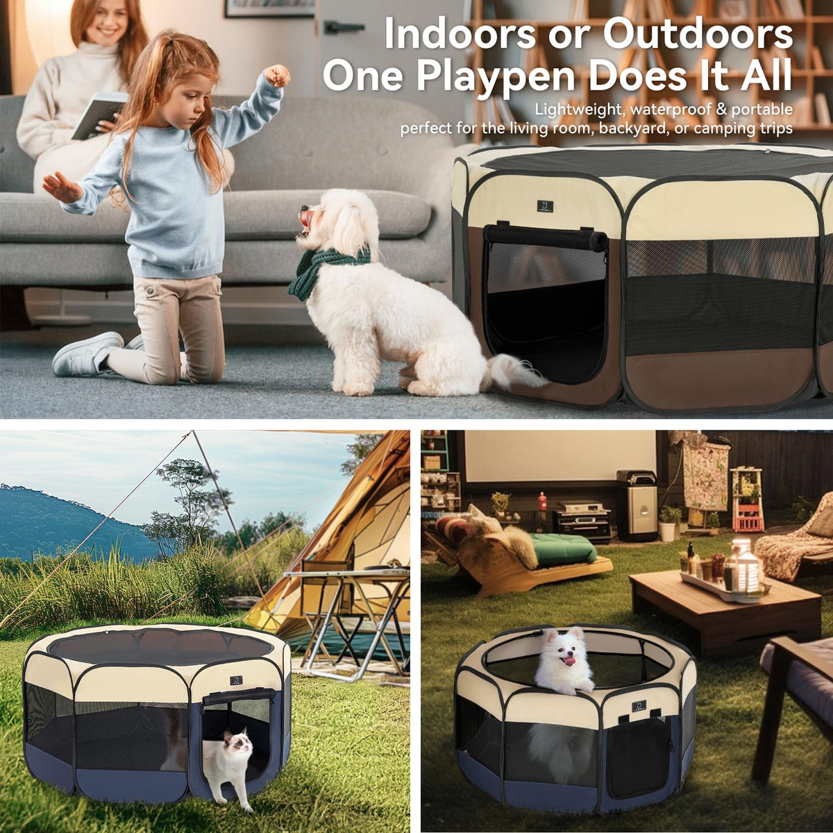 A 4 Pet Pet Playpen in S(29.92"x29.92"x16.5"), Blue+Beige