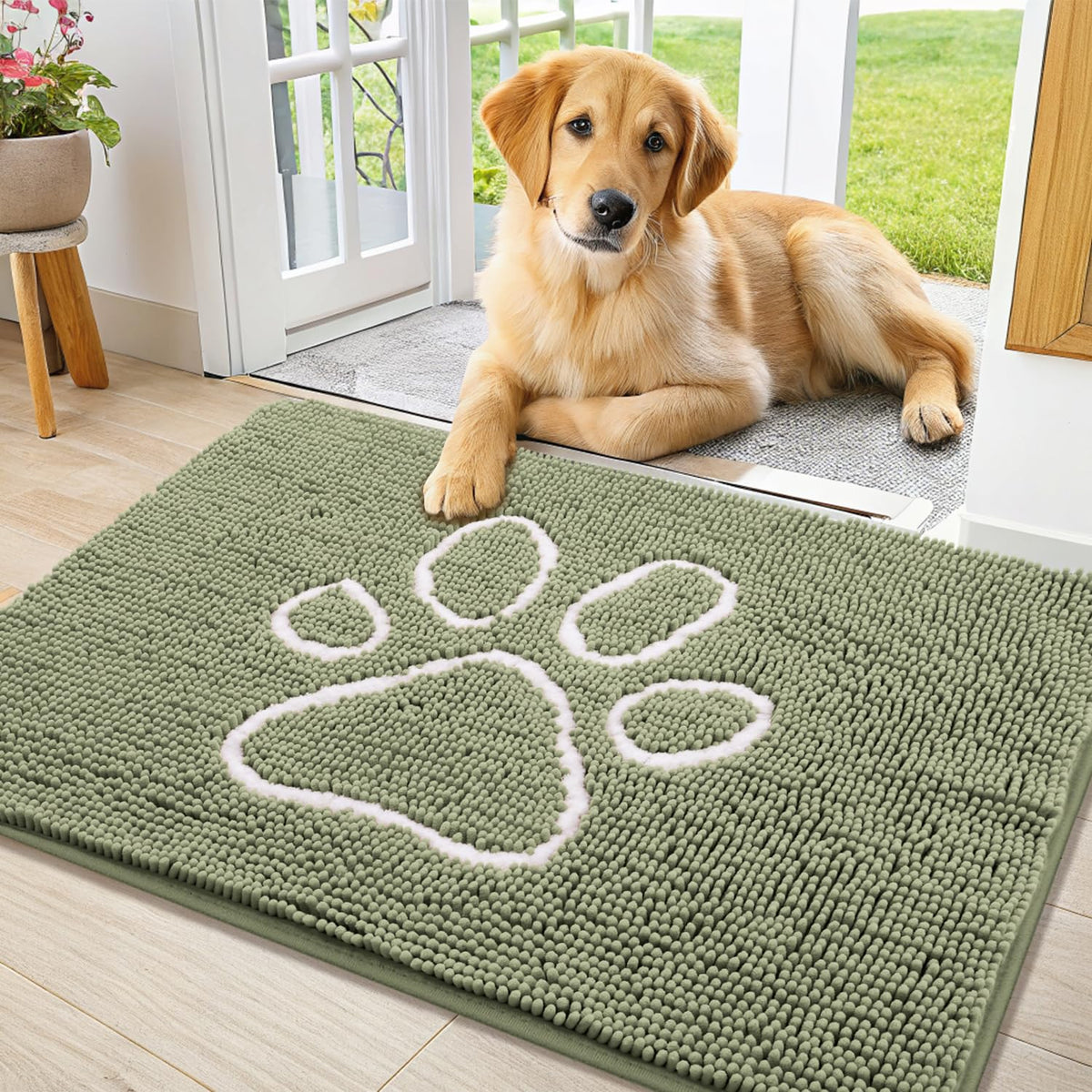 Smiry Rug in 36"X24", Sage Green and White