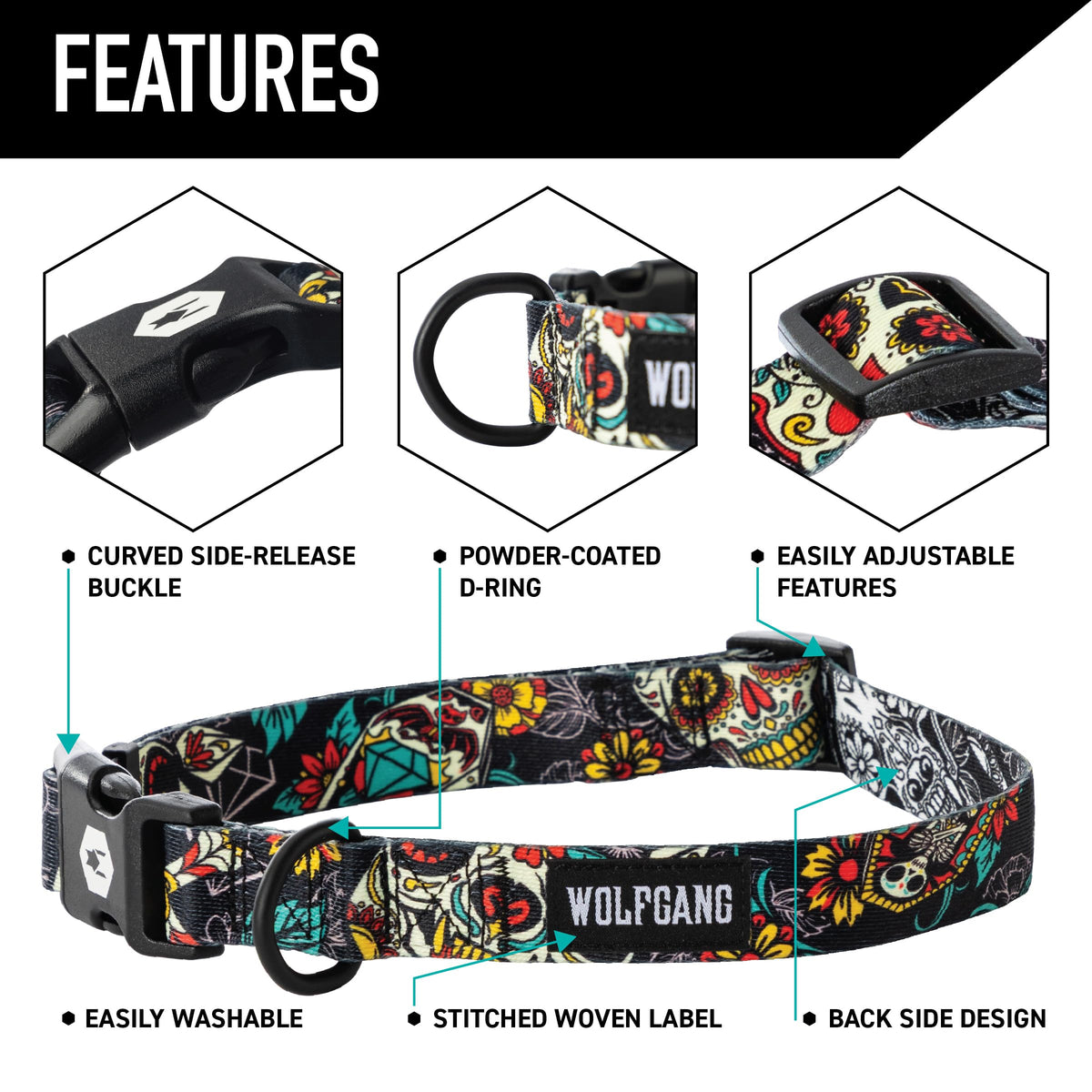 Wolfgang Man & Beast Animal Collar in Small (5/8 Inch x 8-12 Inch), LosMuertos Print