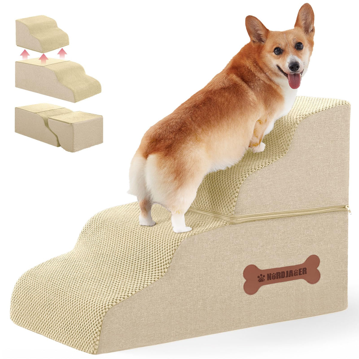 Nordjager Animal Stair in 27.5"D x 15.7"W x 19"H, Beige