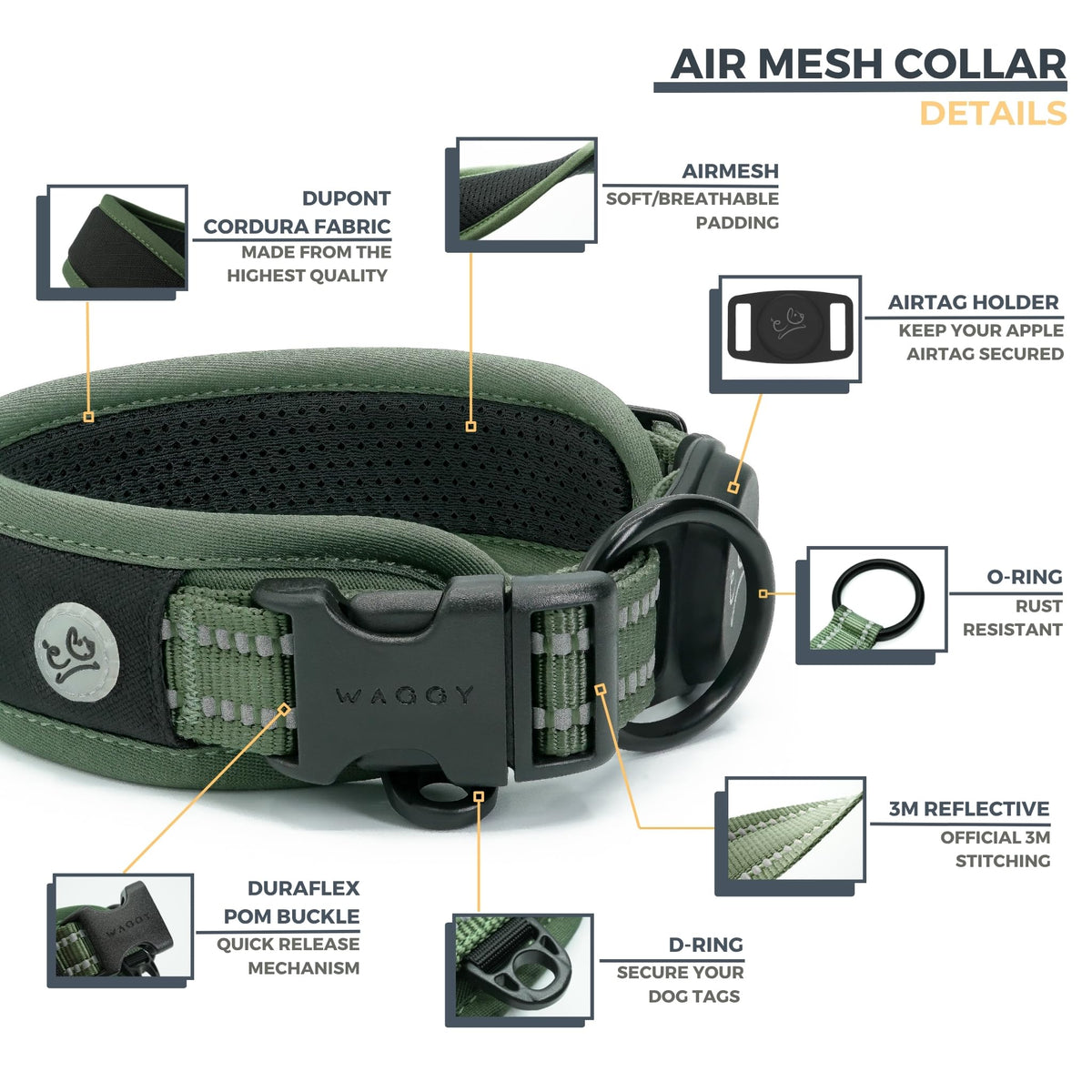 WaggyLife Animal Collar in XS (11.8"-13.8"), Green