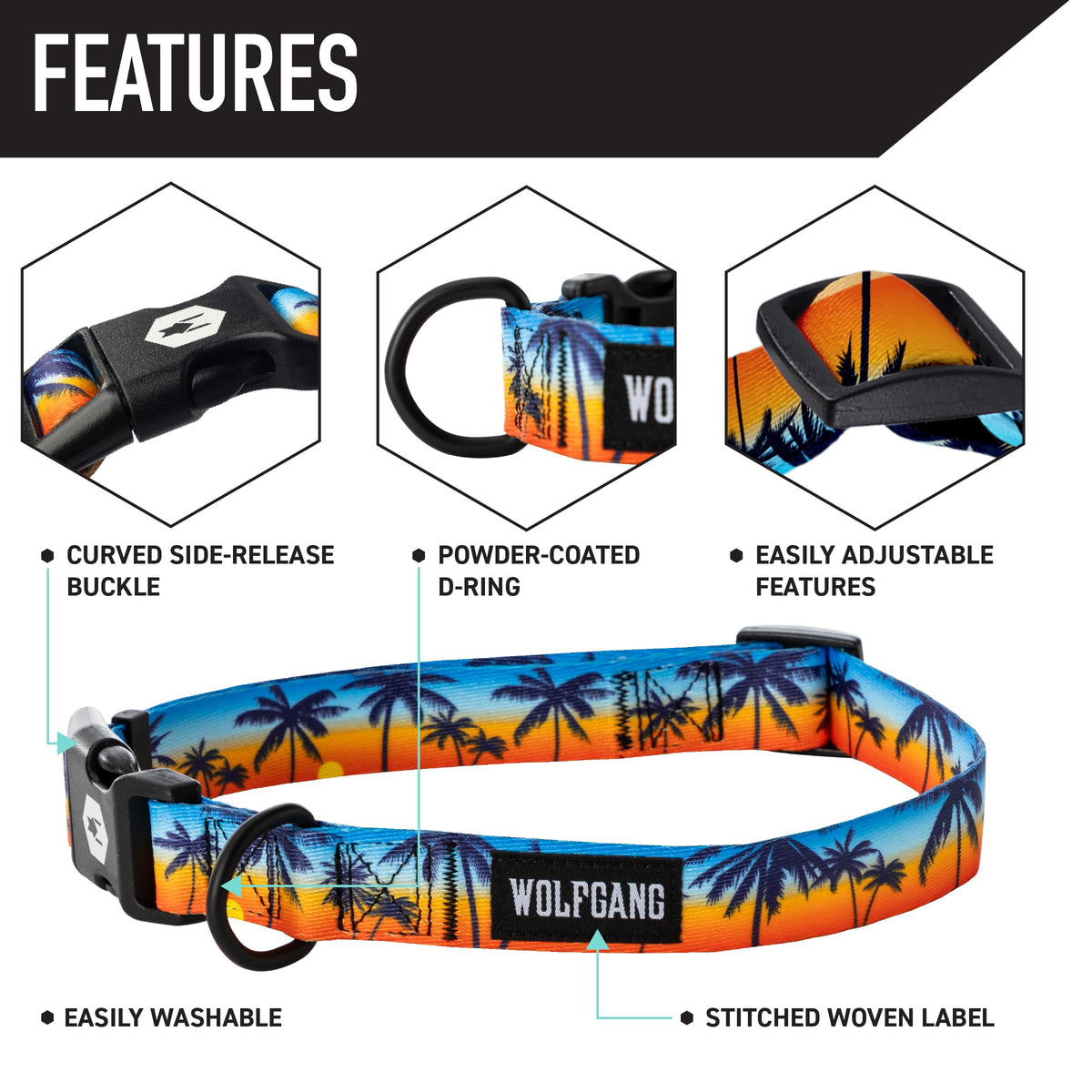 Wolfgang Man & Beast Animal Collar in Small (5/8 Inch x 8-12 Inch), SunsetPalms Print