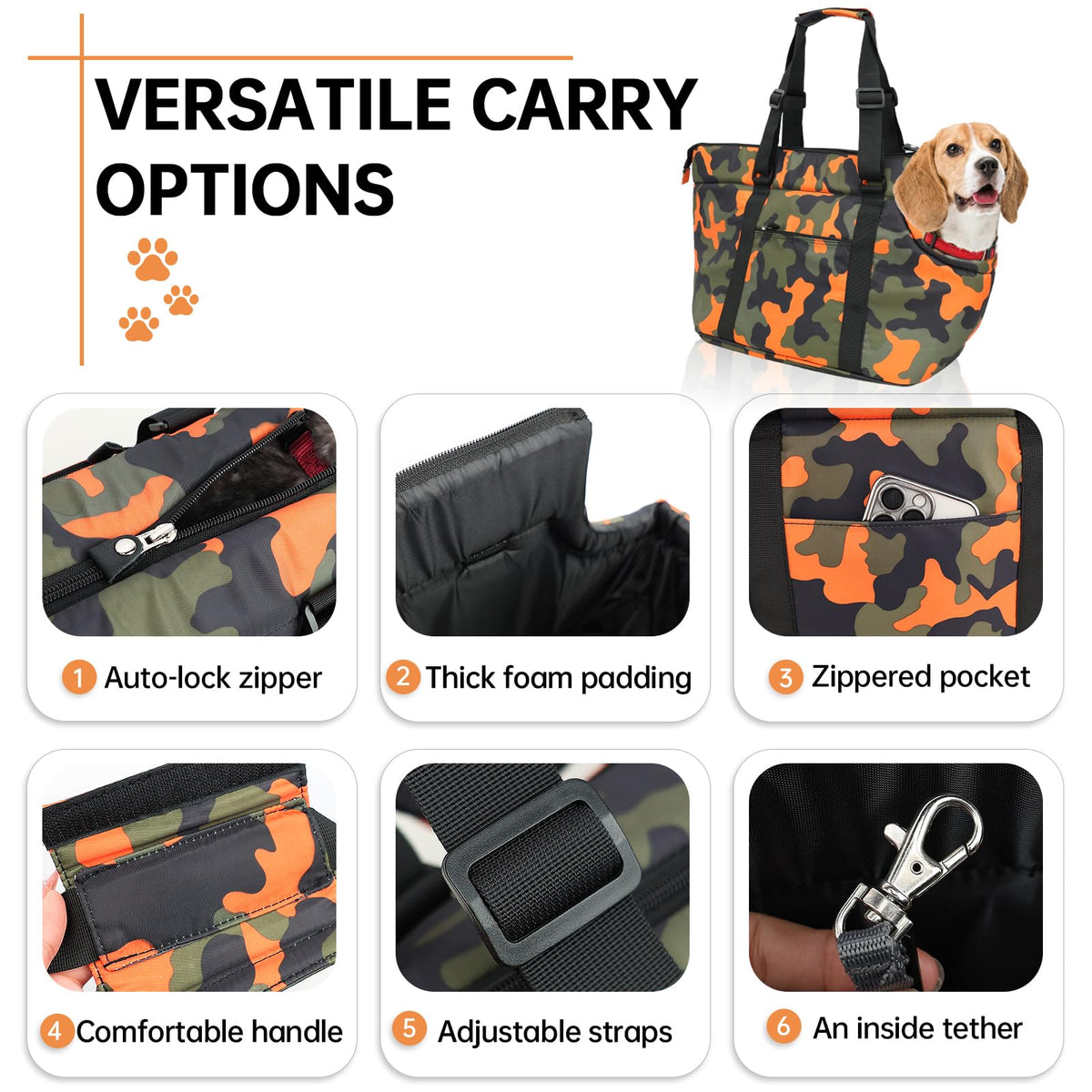 DELTAMANN Animal Carrier in 13.8"L x 5.0"W x 9.5"H, Camouflage Orange