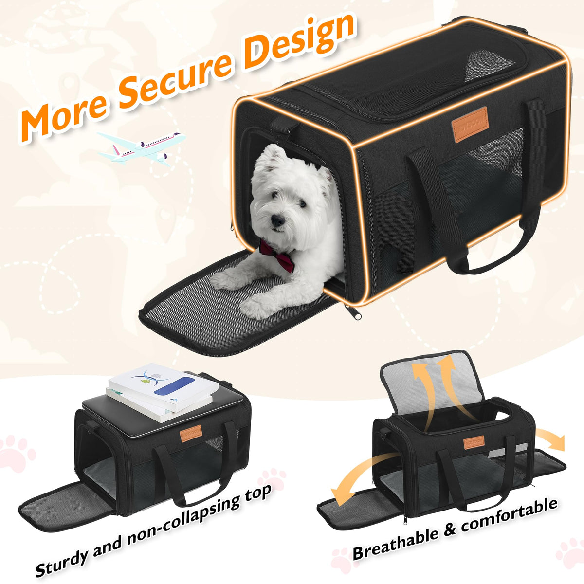 Petux Animal Carrier in 17.0"L x 11.0"W x 9.5"H, Light Black