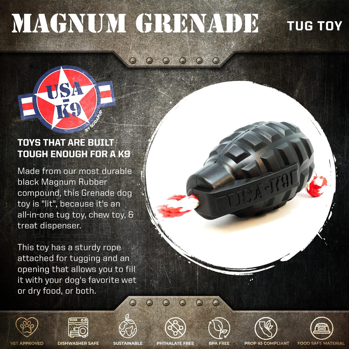 SodaPup Pet Toy in Medium, Grenade Black
