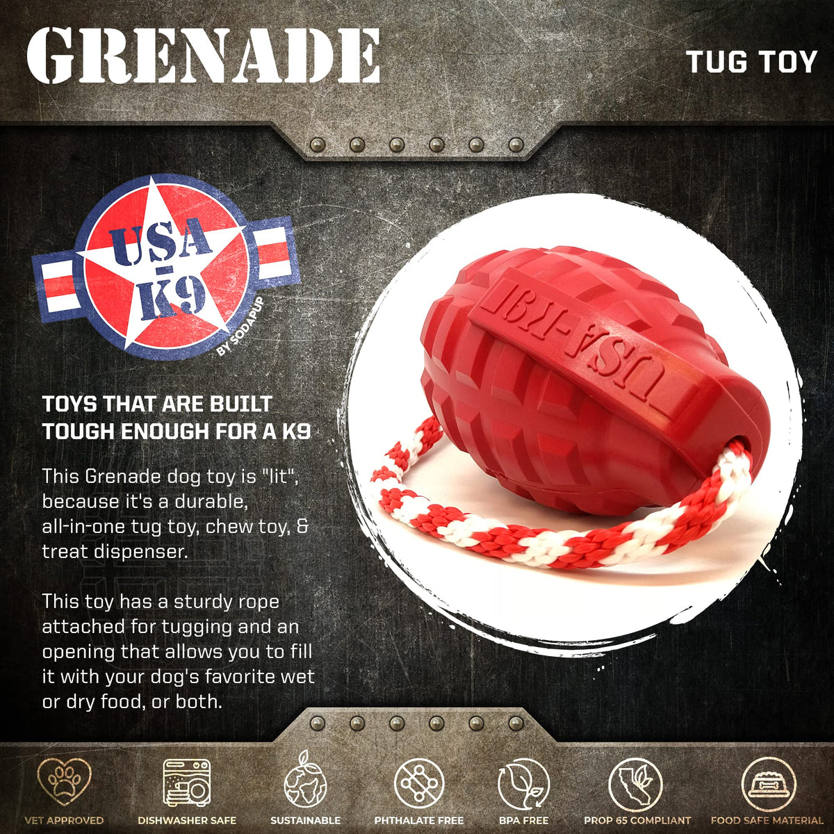 SodaPup Pet Toy in Large, Grenade Red