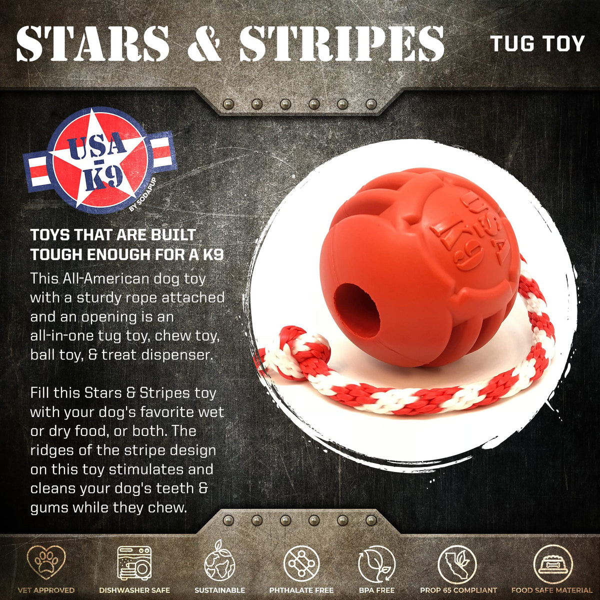 SodaPup Pet Toy in Large, Stars & Stripes Red